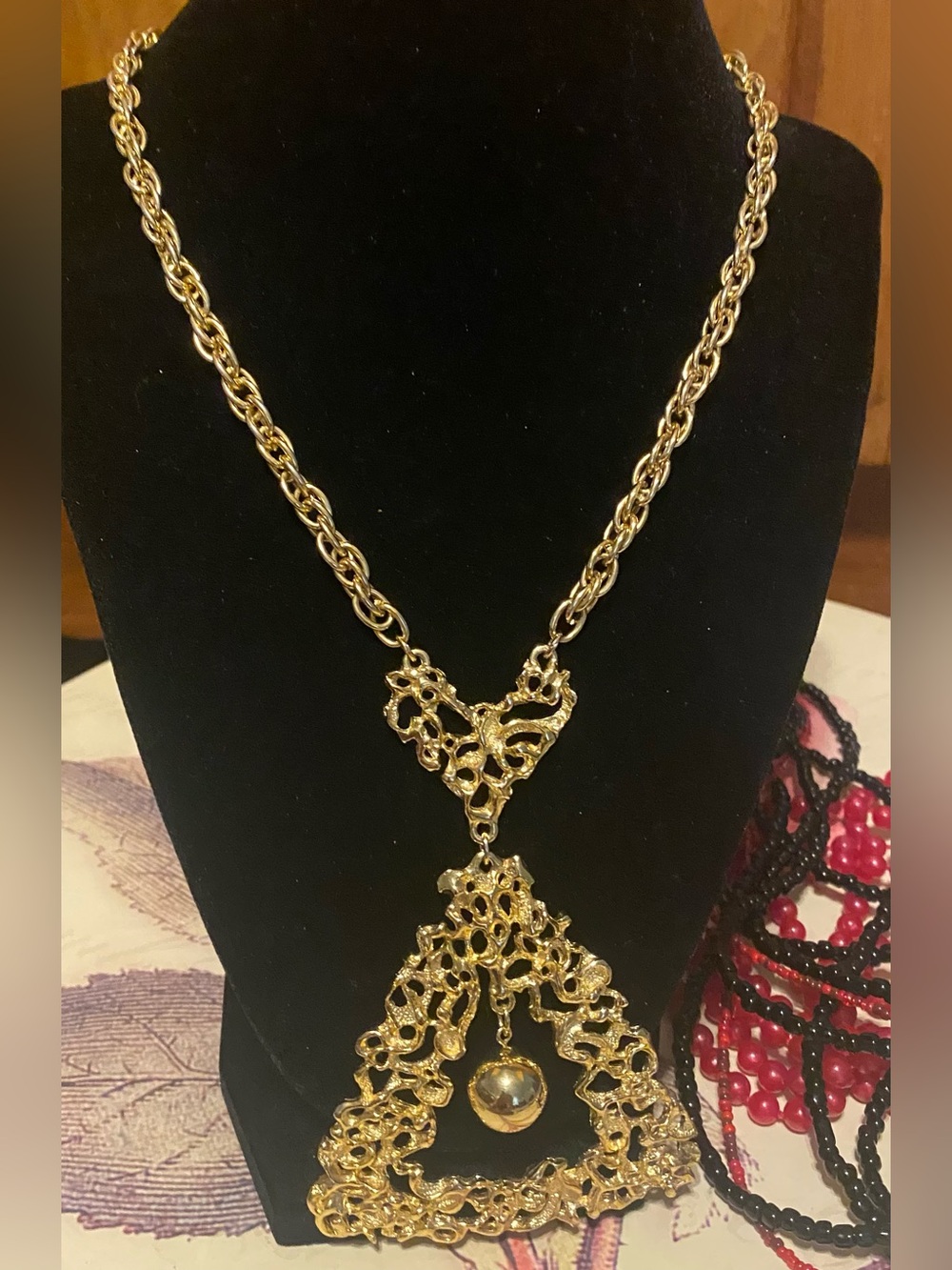 Vintage 1970s Brutalist Gold Tone Openwork Triangular Statement Necklace